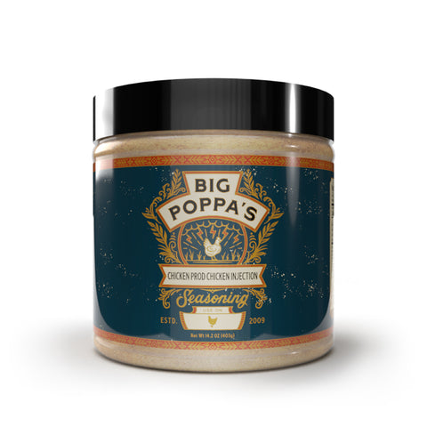 A bottle of 'Big Poppa's Chicken Prod Chicken Injection Seasoning' with a dark teal label adorned with golden and red tribal patterns, featuring a poultry graphic and stating its establishment in 2009.