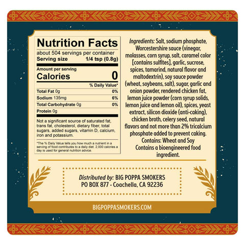 A nutrition facts label on a golden background with a red and green tribal pattern border. It details 0 calories per serving, and ingredients like Worcestershire sauce, garlic, and lemon juice powder.