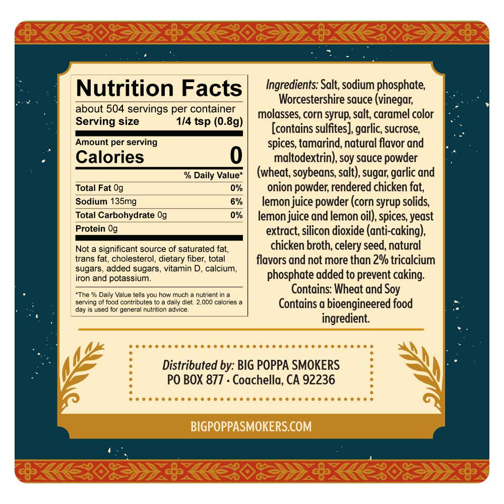 A nutrition facts label on a golden background with a red and green tribal pattern border. It details 0 calories per serving, and ingredients like Worcestershire sauce, garlic, and lemon juice powder.