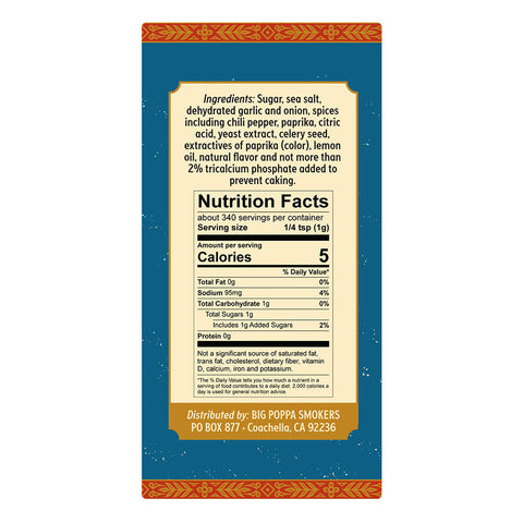 Nutrition facts label for a seasoning blend, indicating 5 calories per 1/4 teaspoon serving. Ingredients include sugar, sea salt, dehydrated garlic and onion, among others. The label background is teal with a red and gold tribal border.
