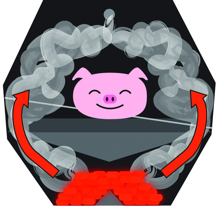 Illustration of a pig inside the pit with arrows pointing towards each other in a circular motion simulating the airflow inside the pit.