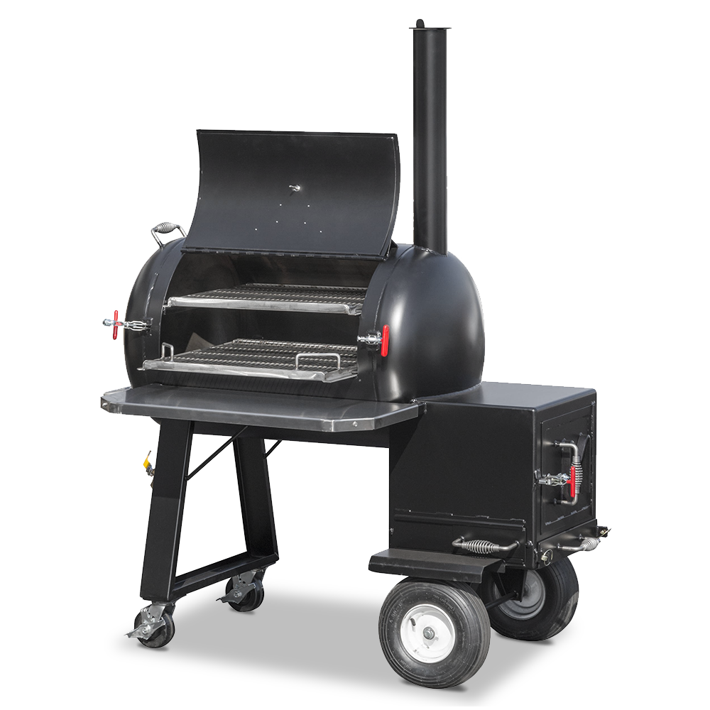 A black, barrel-shaped BBQ smoker with an open lid, revealing two wire racks inside. The smoker has large wheels for mobility and a chimney on the top.