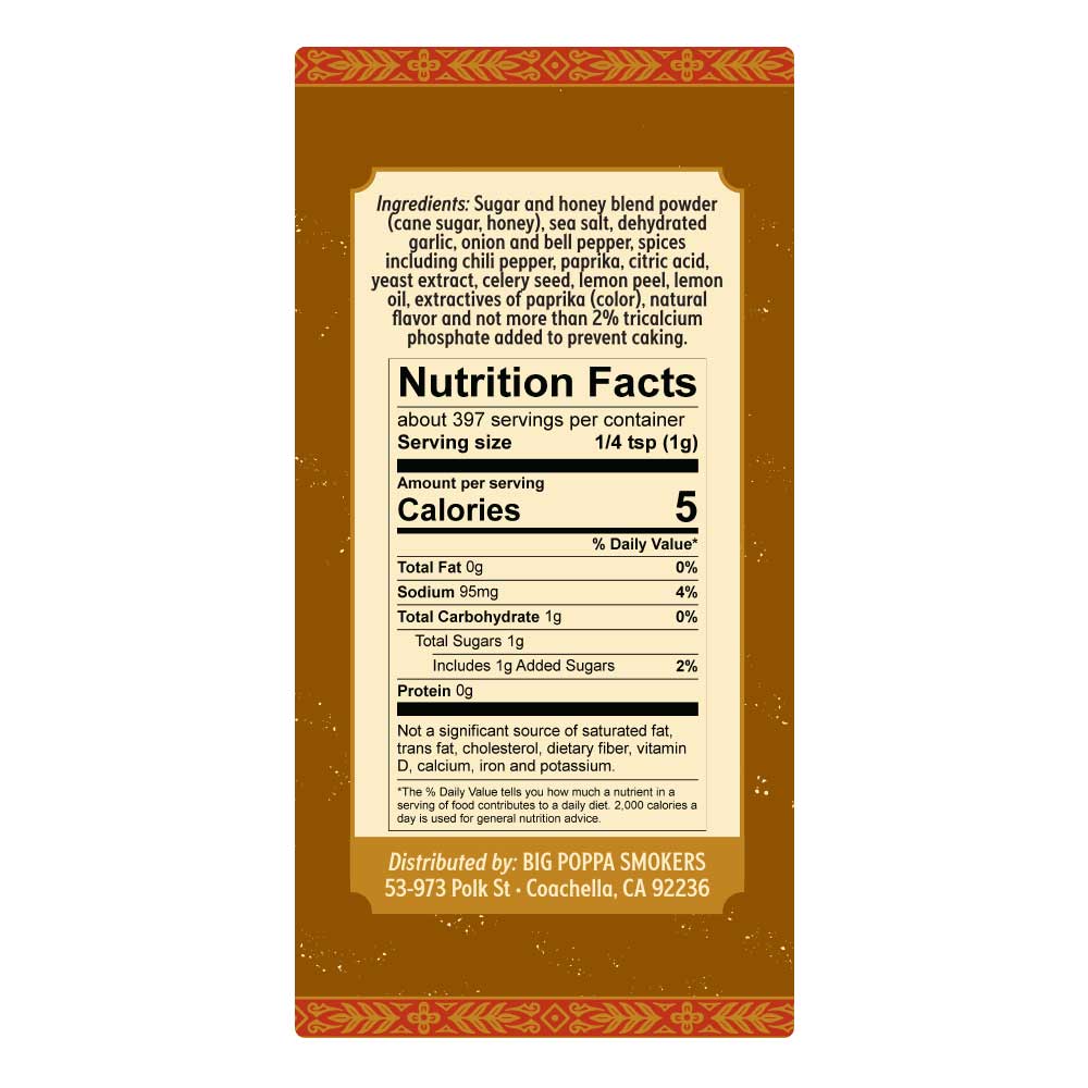 Nutrition facts and ingredient label for Big Poppa's Sweet Money Hot Seasoning, listing ingredients like sugar, salt, dehydrated garlic, and various spices, with a total of 397 servings per container.