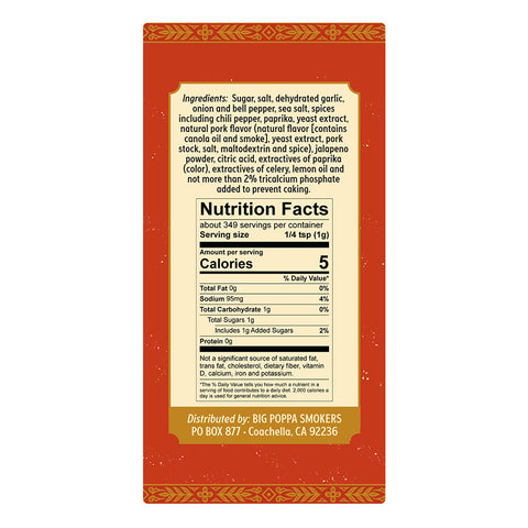 Label detailing ingredients and nutrition facts for a seasoning mix. Ingredients include sugar, salt, garlic, various spices, and more. Nutrition facts show it provides about 5 calories per serving with minimal sodium and no significant fat or protein.