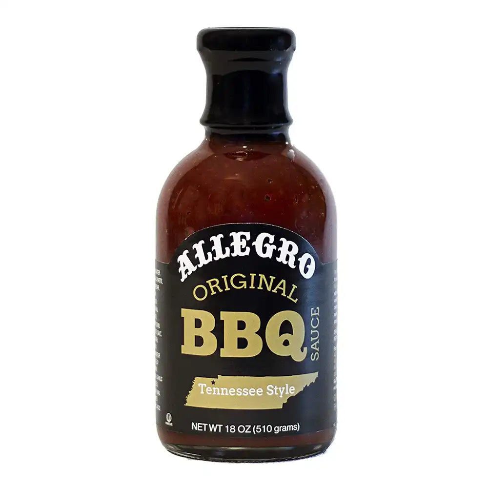 Bottle of Allegro Original BBQ Sauce, Tennessee Style, with black cap and gold label, 18 oz.