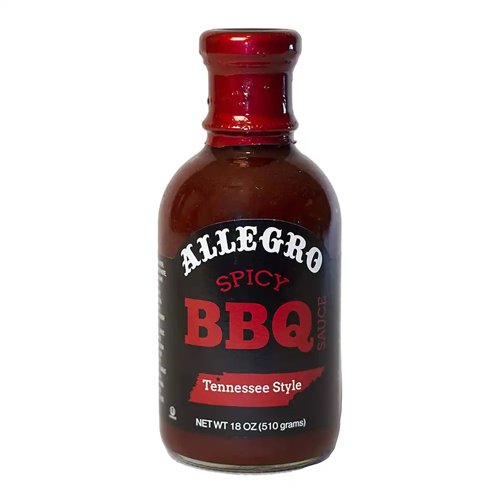 Bottle of Allegro Spicy BBQ Sauce, Tennessee Style, with red cap and red label accents, 18 oz.