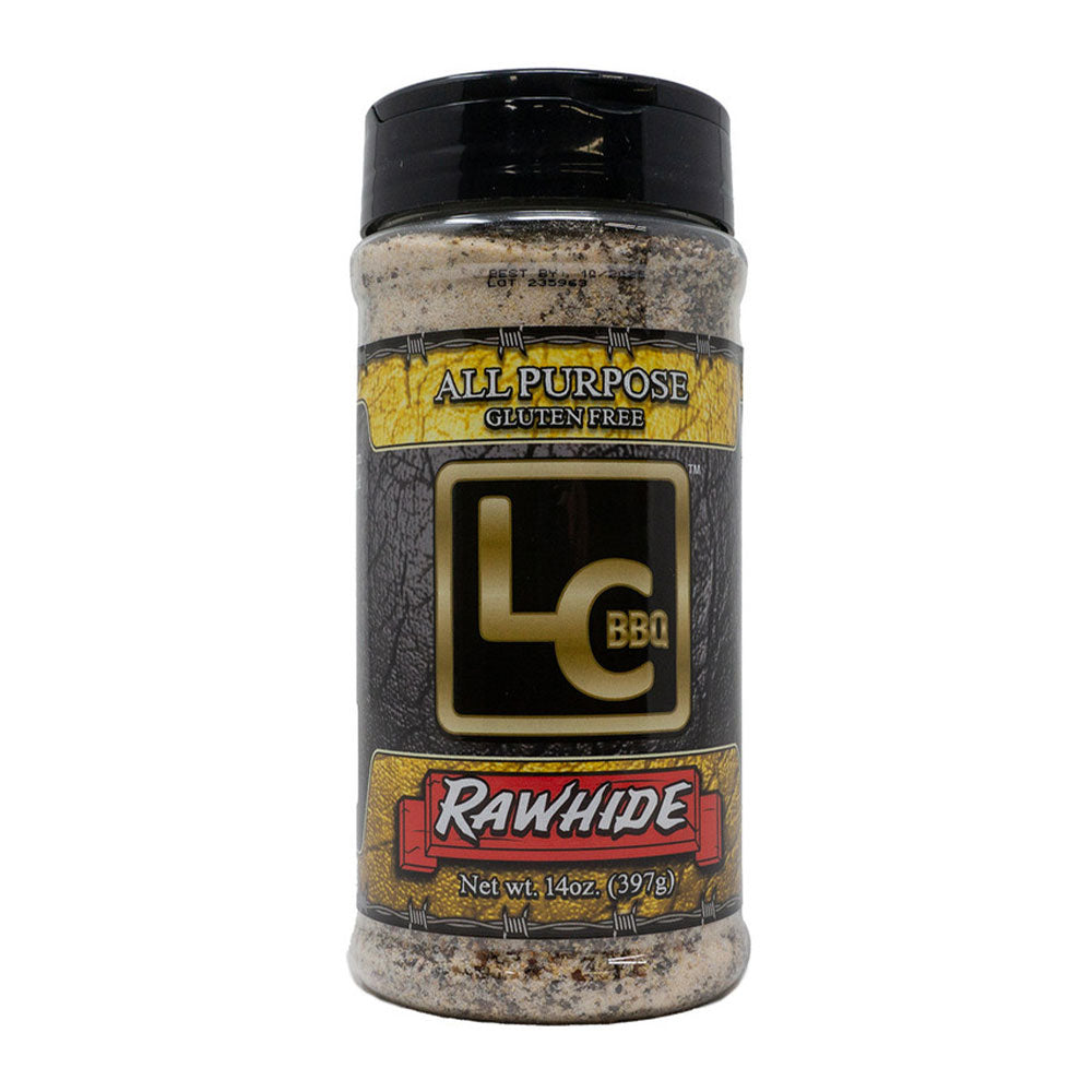 A bottle of LC BBQ Rawhide All-Purpose seasoning viewed from the front. The label features the LC BBQ logo, the text "All Purpose Gluten Free," and the product name "Rawhide" in red at the bottom. The label indicates that the bottle contains 14 ounces (397 grams) of seasoning.