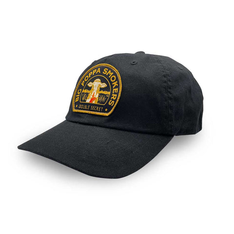 A black baseball cap featuring a colorful embroidered logo on the front that reads 'Big Poppa Smokers - Double Secret' with a stylized golden flame.