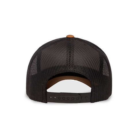 he back view of a caramel and black mesh trucker hat, showing the adjustable snap closure. The hat is designed for a comfortable fit, with a focus on the black mesh panel that enhances ventilation.