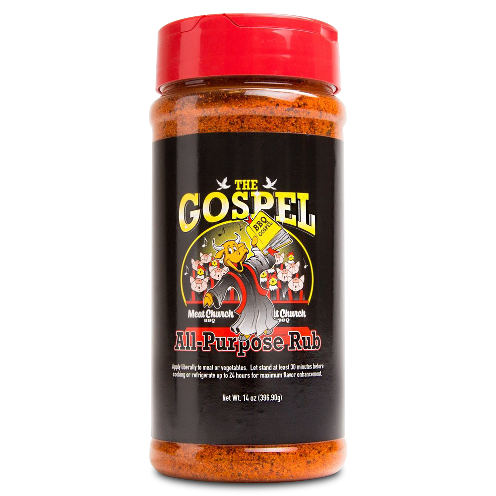 A 14-ounce bottle of The Gospel All Purpose Rub by Meat Church BBQ, featuring a red cap and a black label with a cartoon preacher holding a BBQ gospel book.