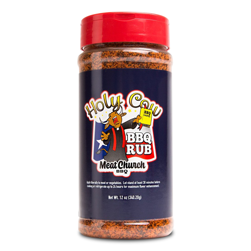 A 12-ounce bottle of Meat Church Holy Cow BBQ Rub, featuring a label with rustic, Texan-inspired graphics, prominently displaying the rub's name and its gluten-free, MSG-free qualities.