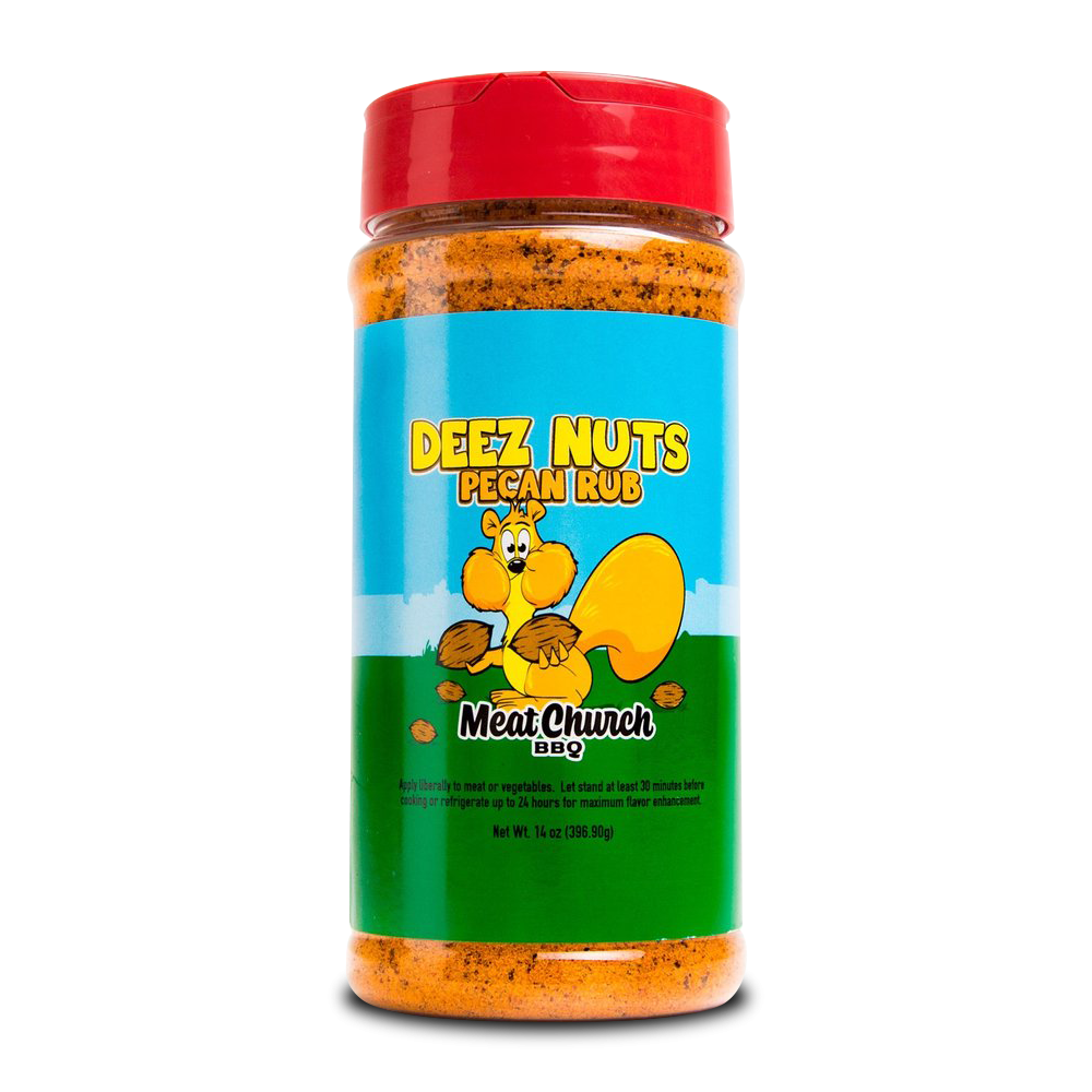A 14-ounce jar of Meat Church Deez Nuts Pecan Rub. The label is blue and green with yellow text and features a cartoon squirrel holding pecans. The jar has a red lid and contains a coarse, reddish-brown spice mix.