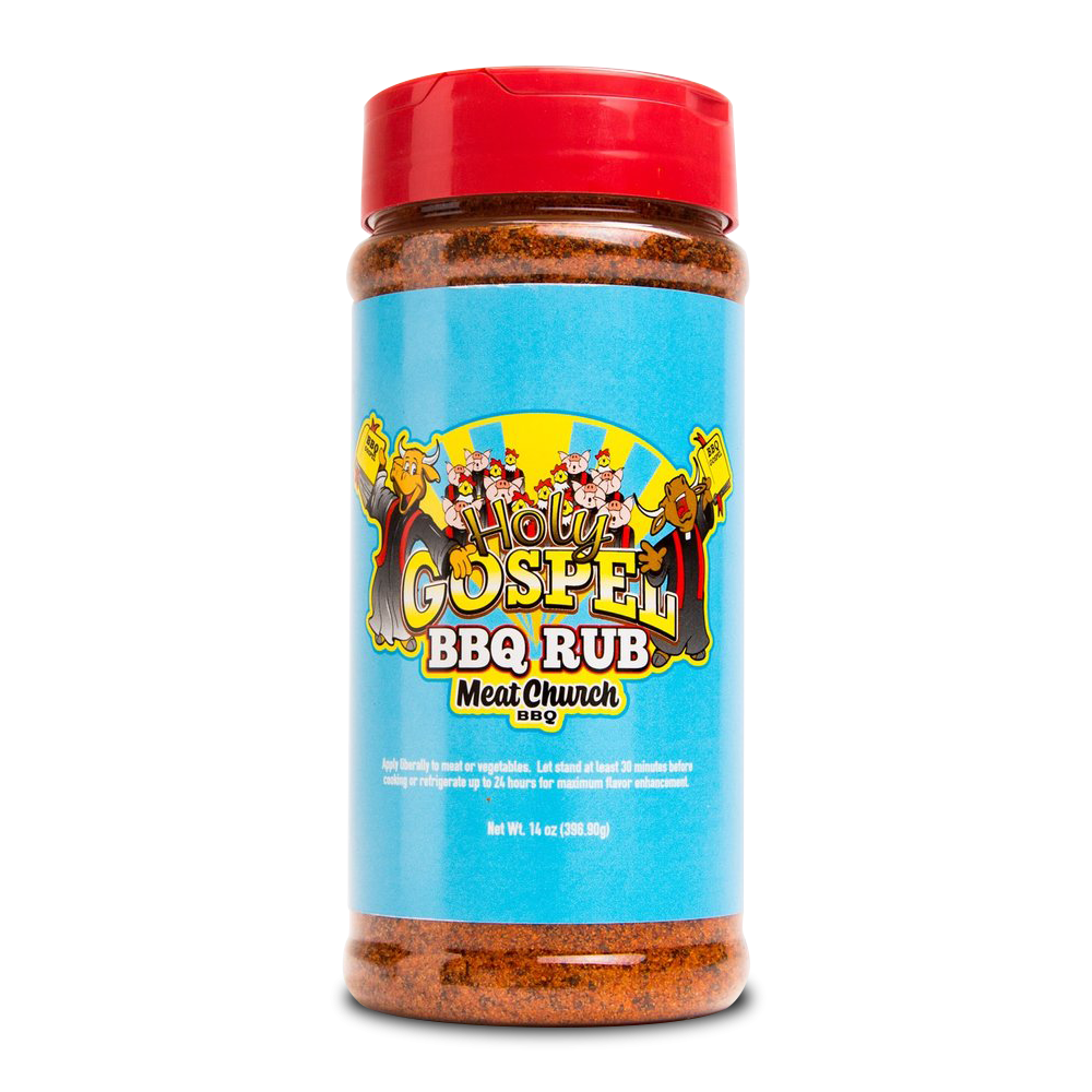 A 14-ounce jar of Meat Church Holy Gospel BBQ Rub. The label is bright blue with yellow text and features cartoon characters of preachers and a choir. The jar has a red lid and contains a coarse, reddish-brown spice mix.