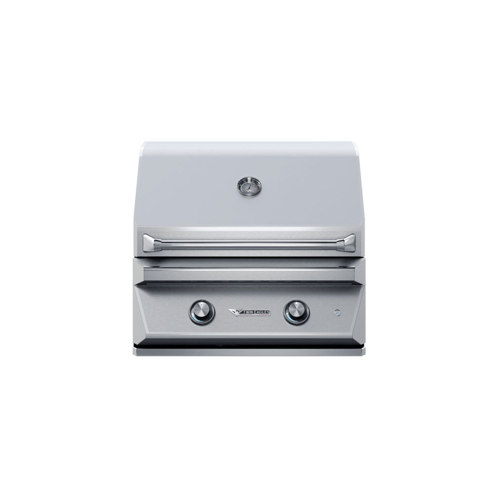 Front view of a modern, stainless steel gas grill with a closed lid and two control knobs.