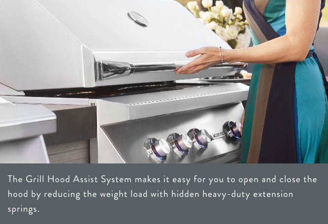 Person opening a grill hood using the Grill Hood Assist System, which reduces the weight load with hidden heavy-duty extension springs.