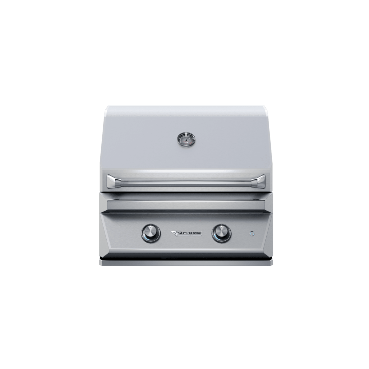 Front view of a modern, stainless steel gas grill with a closed lid and two control knobs.
