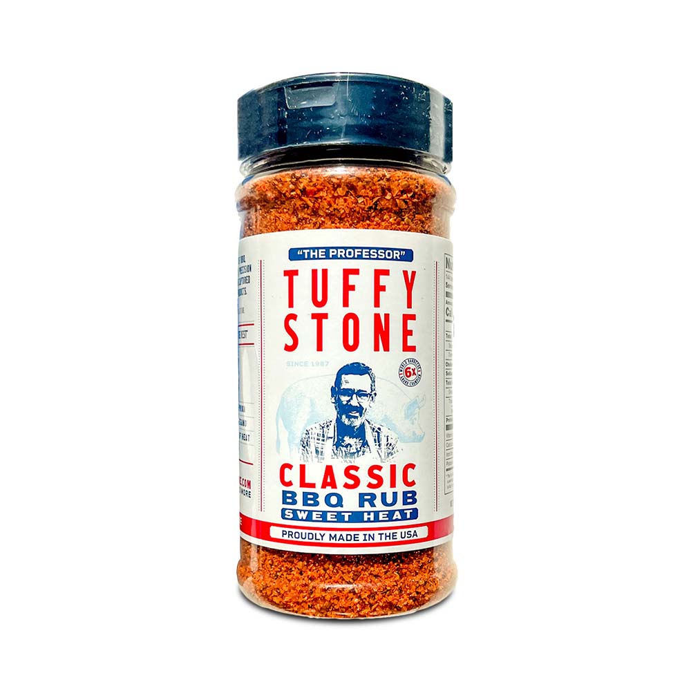 A clear plastic jar of Tuffy Stone Classic BBQ Rub Sweet Heat seasoning with a black lid, featuring the brand logo and a picture of Tuffy Stone on the label.