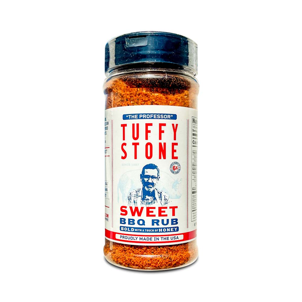 A plastic bottle of Tuffy Stone Sweet BBQ Rub with a blue lid. The label features a photo of Tuffy Stone, 'The Professor,' and the product name in red and blue text. The label also mentions that the rub is 'bold with a touch of honey' and 'proudly made in the USA.'