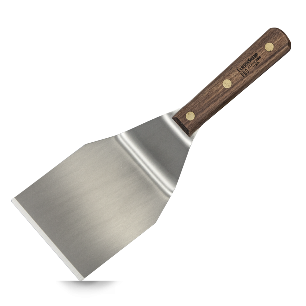 Lamson Hamburger Turner, high-quality stainless steel spatula with a wooden handle for flipping and turning burgers on the grill