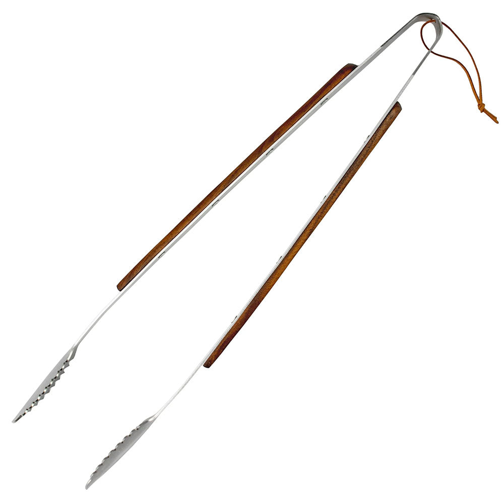 A pair of long-handled BBQ tongs with wooden handles and stainless steel tips, featuring a leather loop for hanging. The tongs are shown against a white background.