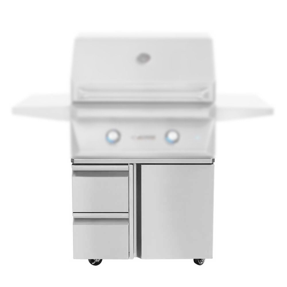 Front view of a stainless steel gas grill base or cart with the grill portion blurred out, featuring two control knobs and storage compartments below, including a drawer and cabinet on wheels.