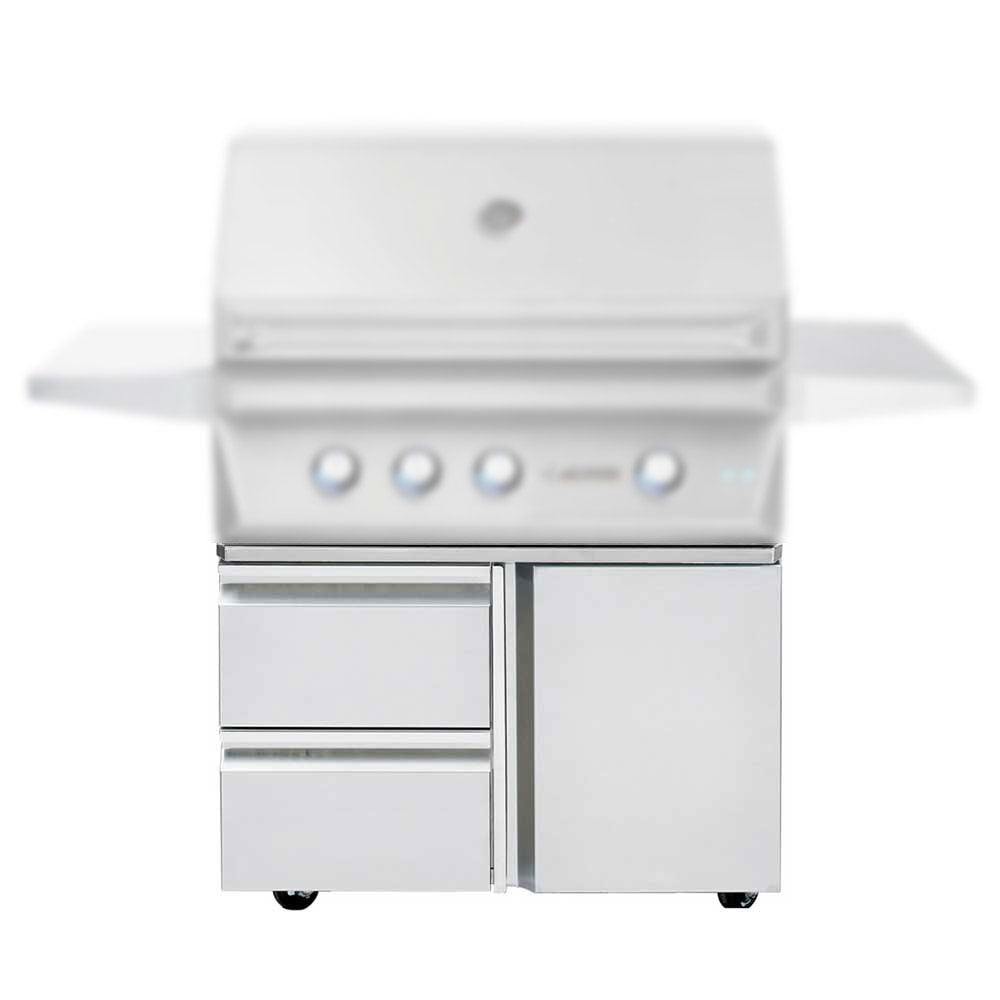 Front view of a stainless steel gas grill with a blurred image effect. Below the blurred grill, there are storage compartments including drawers and a cabinet.