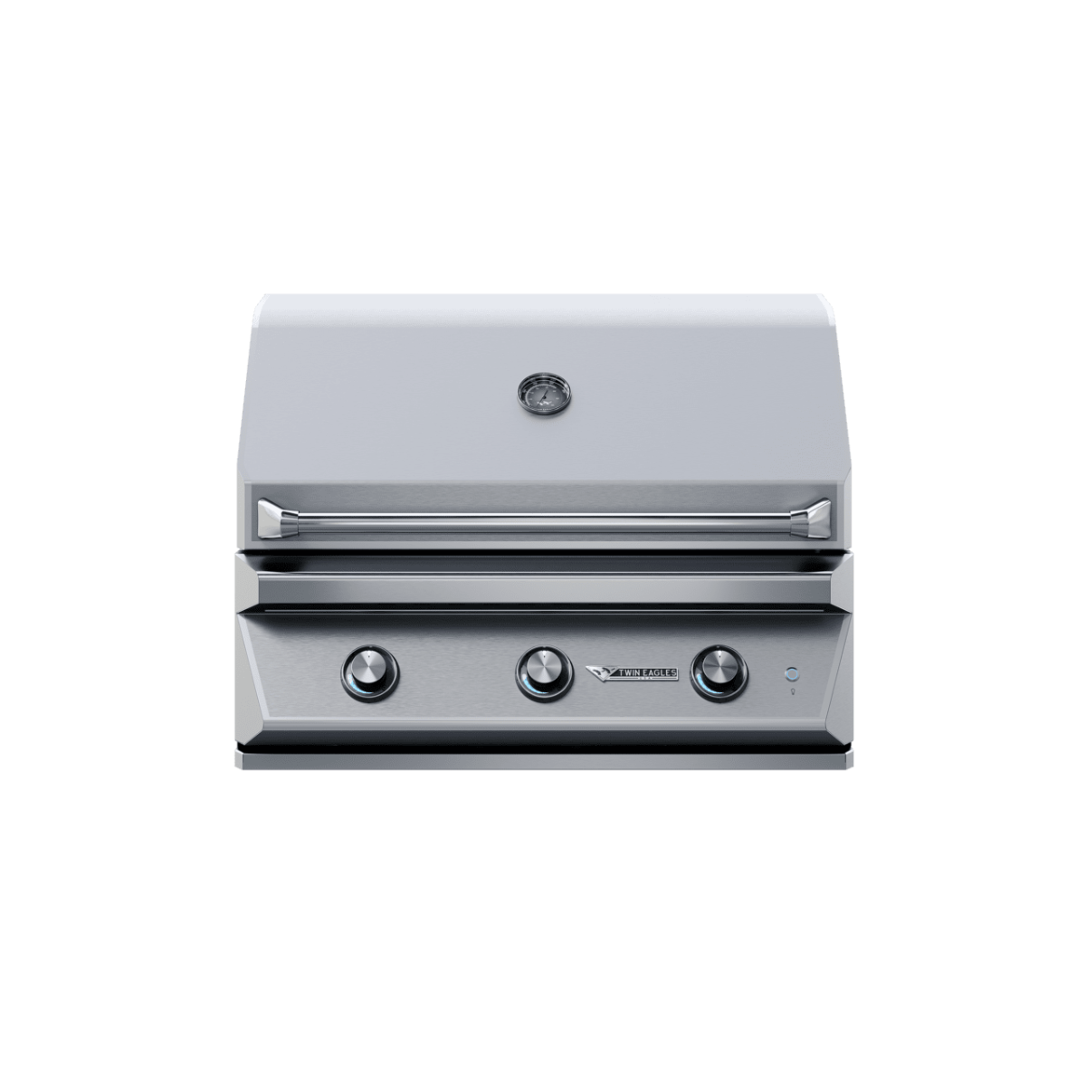 Front view of a 36-inch Twin Eagles gas grill with a closed lid. The stainless steel grill features three control knobs and a temperature gauge on the lid.