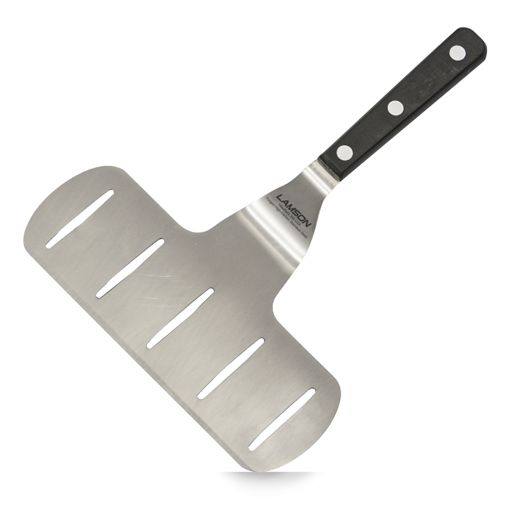 Jumbo Fish/Asparagus Turner, large stainless steel spatula with a wooden black handle, ideal for flipping delicate fish and asparagus on the grill or griddle.