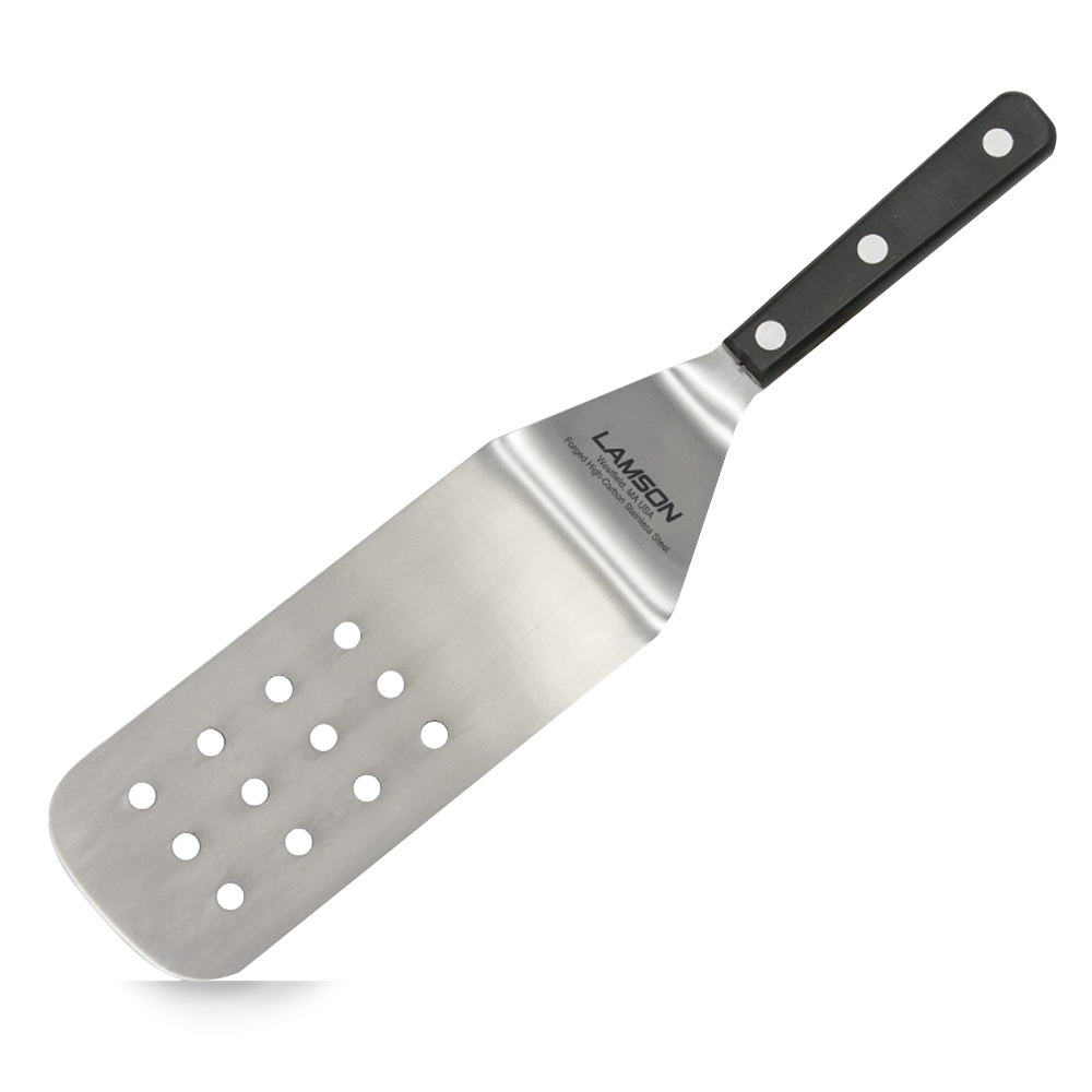 Lamson Perforated Turner, high-quality stainless steel tool with wooden handle for efficient flipping and draining of burgers and steaks on griddles and BBQ grills
