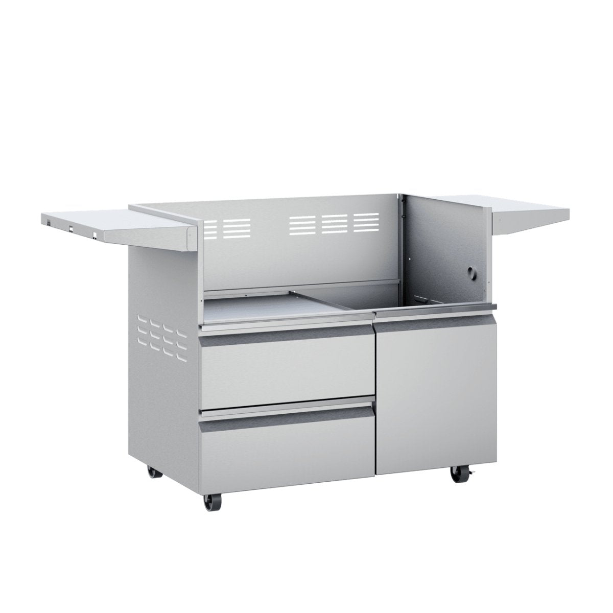 Angled front view of a 42-inch Twin Eagles grill base with side shelves extended. The stainless steel base includes storage compartments, featuring two drawers on the left and a single door on the right. The interior is spacious, designed to hold a grill or smoker.