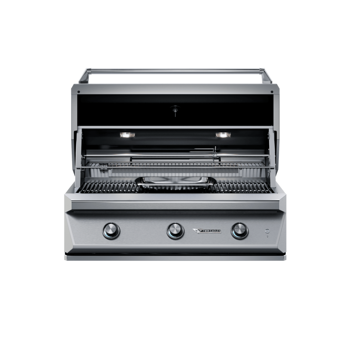 Front view of a 42-inch Twin Eagles gas grill with the lid open, revealing the grilling area and internal lights. The stainless steel grill includes three control knobs at the front.
