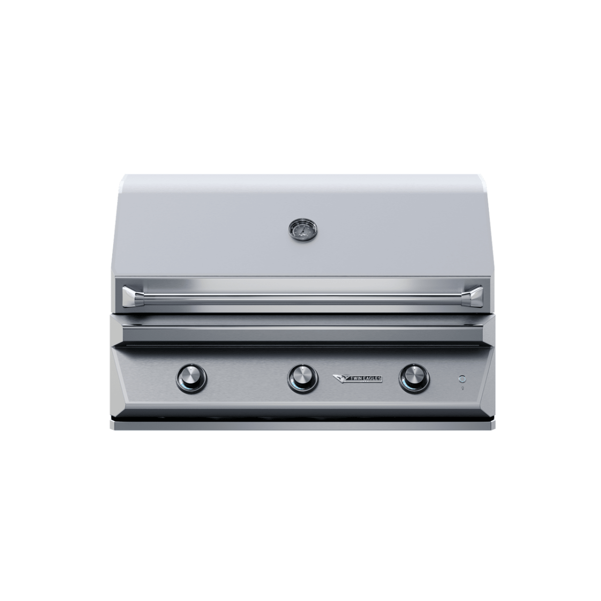 Front view of a 42-inch Twin Eagles gas grill with a closed lid. The stainless steel grill features three control knobs and a temperature gauge on the lid.