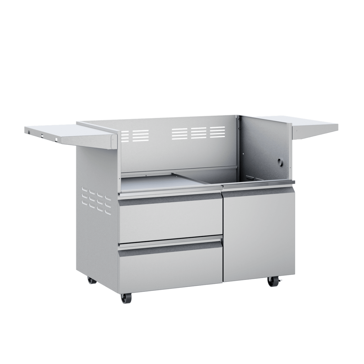 Angled front view of a 42-inch Twin Eagles grill base with side shelves extended. The stainless steel base includes storage compartments, featuring two drawers on the left and a single door on the right. The interior is spacious, designed to hold a grill or smoker.
