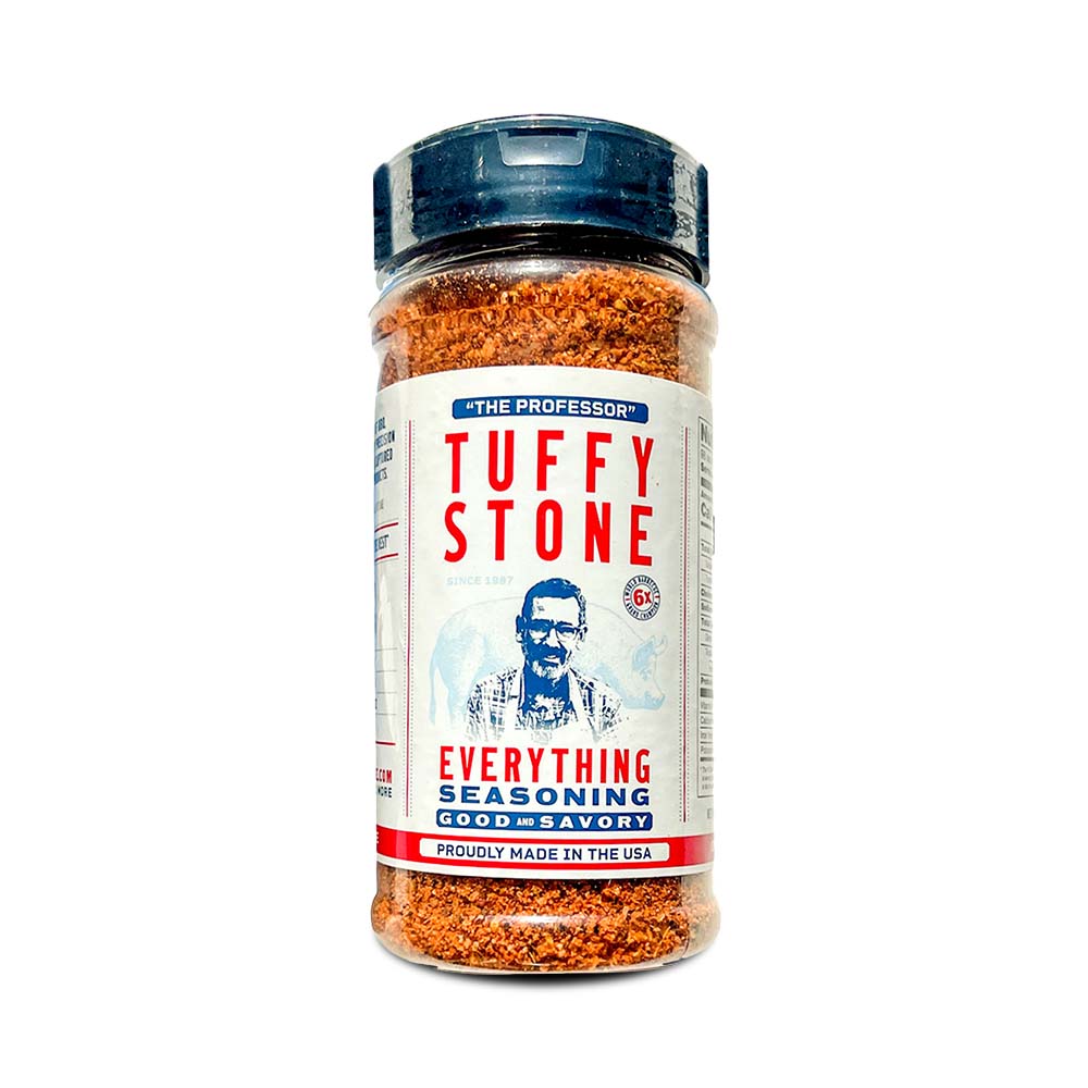 A clear plastic jar of Tuffy Stone Everything Seasoning with a black lid, featuring the brand logo, a picture of Tuffy Stone, and the label 'Everything Seasoning' in blue and red text.
