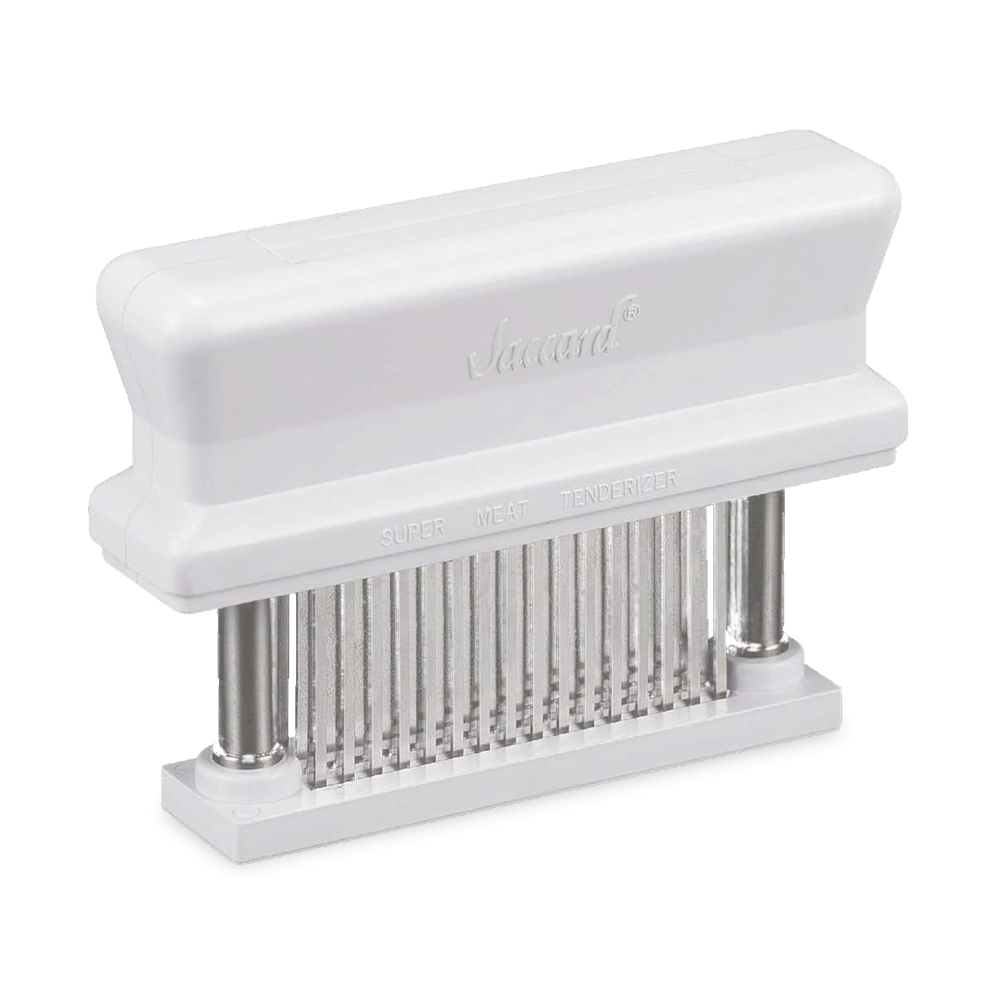 Close up of the Jaccard Meat Tenderizer, handheld tool with multiple stainless steel blades for tenderizing meats for BBQ and grilling.