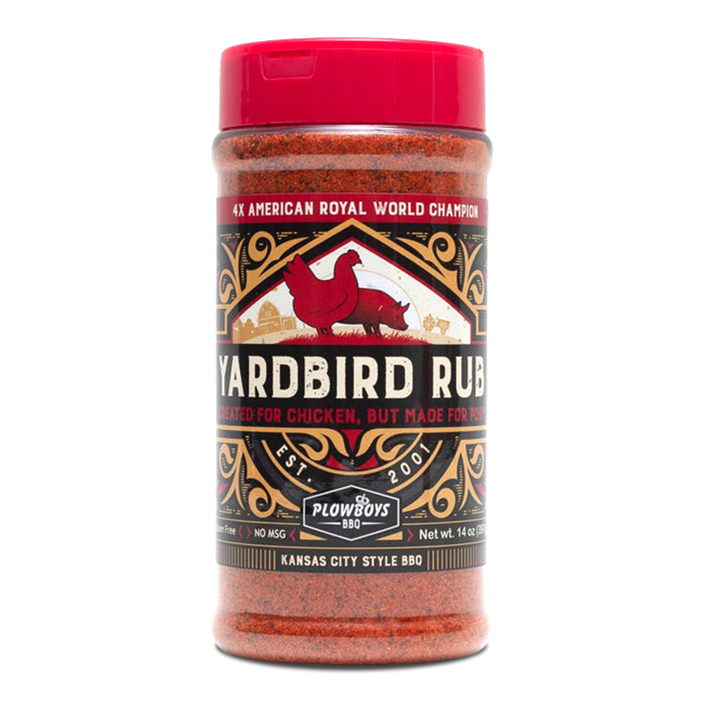 A 14-ounce jar of Plowboys BBQ Yardbird Rub seasoning blend. The jar has a red lid and a label featuring a red silhouette of a chicken and a pig against a farm background. The label reads "4X American Royal World Champion" and "Yardbird Rub: Created for Chicken, but Made for Pork." The bottom of the label indicates "Kansas City Style BBQ" and mentions that the seasoning is MSG-free.