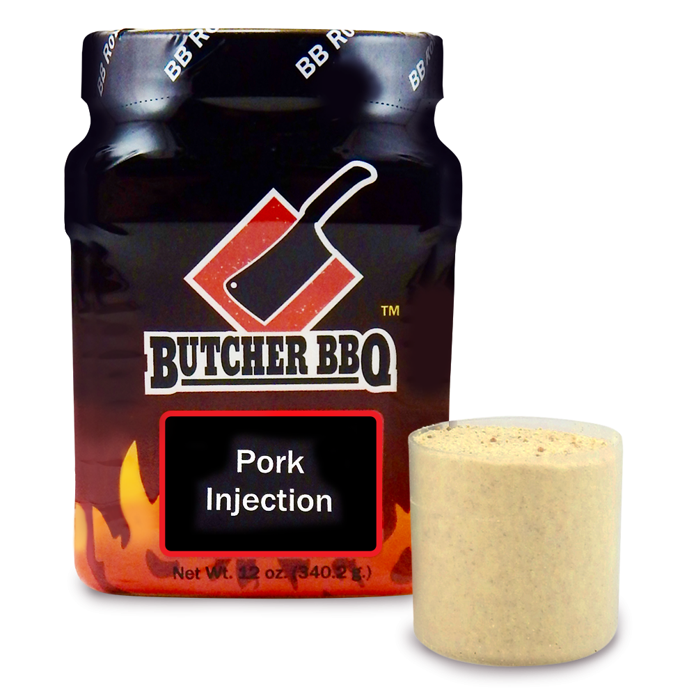 A package of Butcher BBQ Pork Injection with a black lid. The label features the Butcher BBQ logo with a red meat cleaver icon. The package reads 'Pork Injection' and indicates the net weight of 12 ounces (340.2 grams). A small portion of the injection powder is shown next to the package.