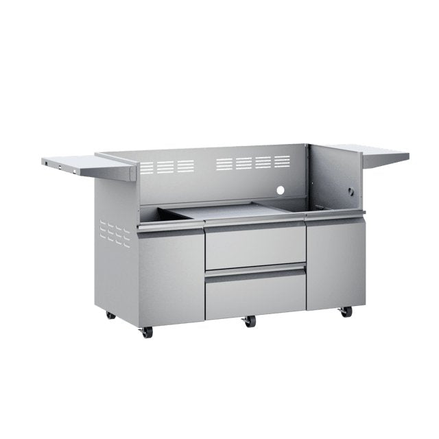 Angled front view of a 54-inch Twin Eagles grill base with side shelves extended. The stainless steel base includes two central storage drawers and two side doors, providing ample storage space. The interior is open, intended for accommodating a grill or smoker.