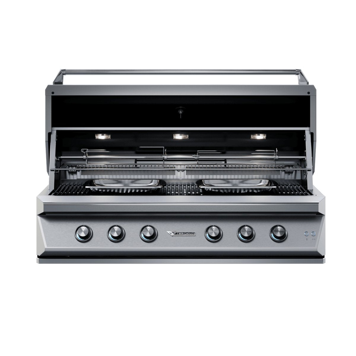 Front view of a 54-inch Twin Eagles gas grill with the lid open, revealing the grilling area and internal lights. The stainless steel grill includes five control knobs at the front and features an infrared rotisserie and sear zone.