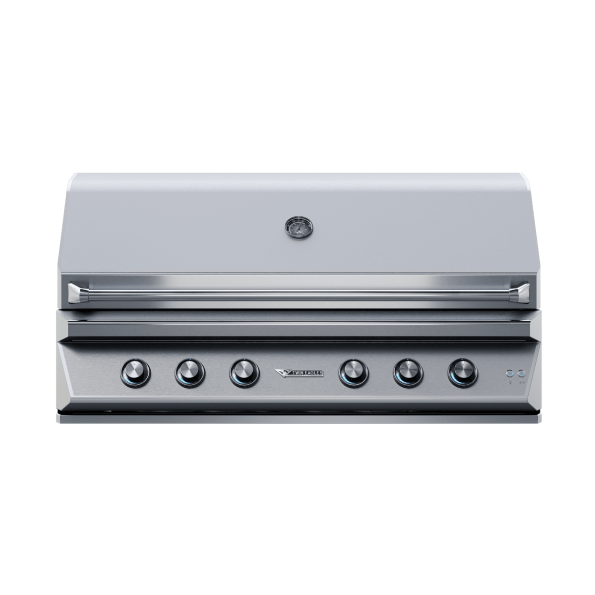 Front view of a 54-inch Twin Eagles gas grill with a closed lid. The stainless steel grill features five control knobs and a temperature gauge on the lid, along with an infrared rotisserie and sear zone.