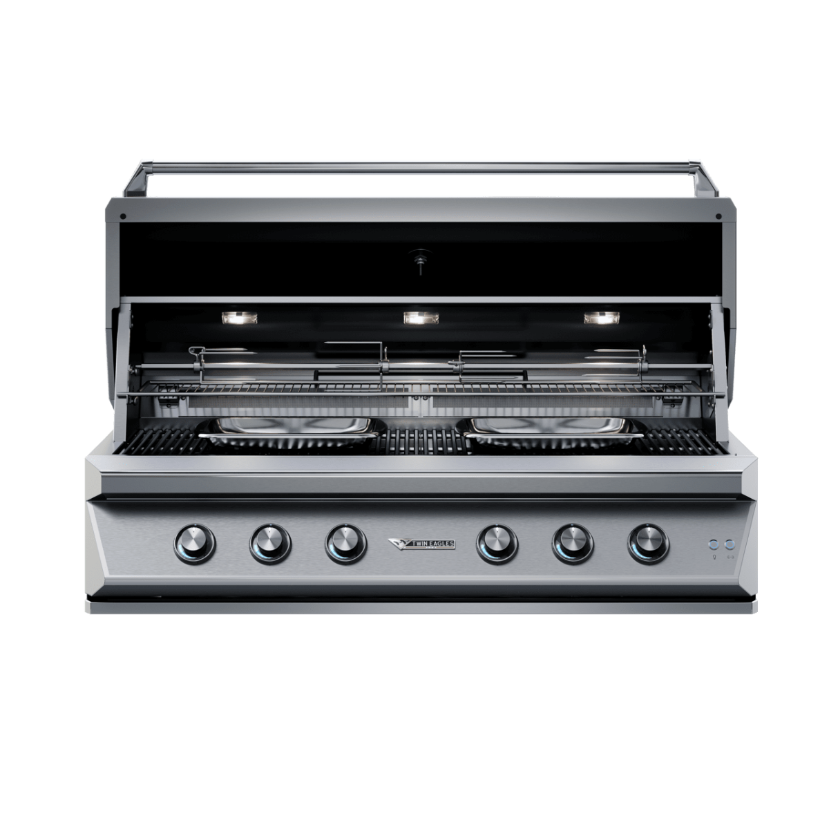 Front view of a 54-inch Twin Eagles gas grill with the lid open, revealing the grilling area and internal lights. The stainless steel grill includes five control knobs at the front and features an infrared rotisserie and sear zone.