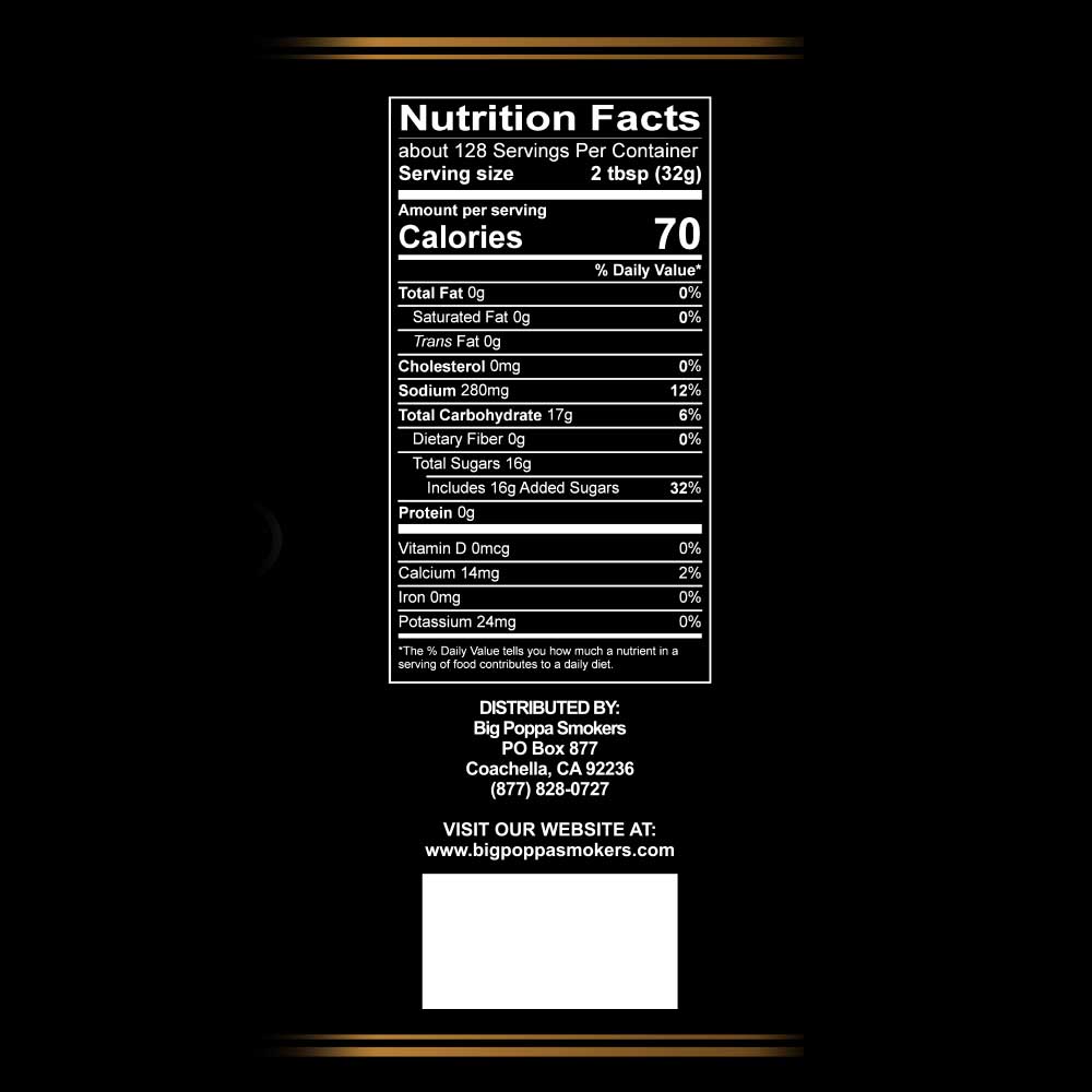 The nutritional facts label for Big Poppa's Granny's BBQ Sauce. The label is black with white text detailing the serving size, calories, and nutritional contents such as sodium, sugars, and proteins, providing clear dietary information.