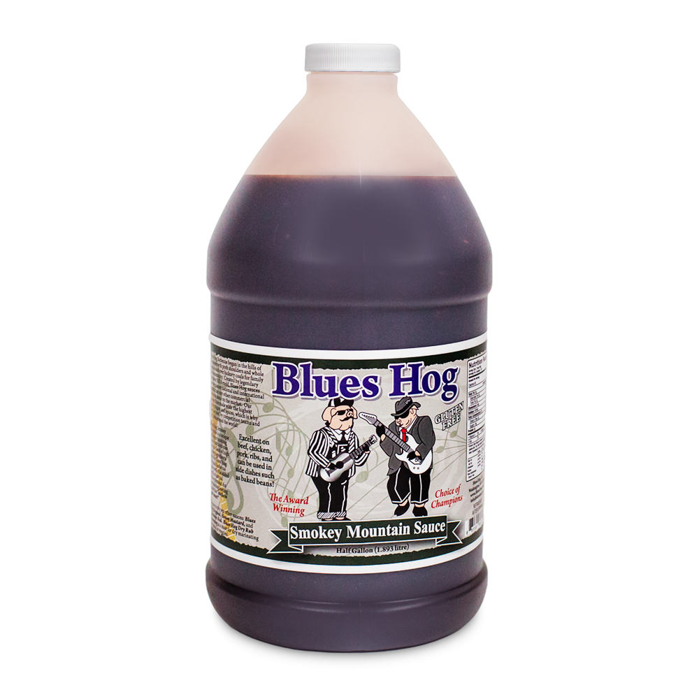 Half gallon of Blues Hog Smokey Mountain BBQ Sauce in a plastic jug