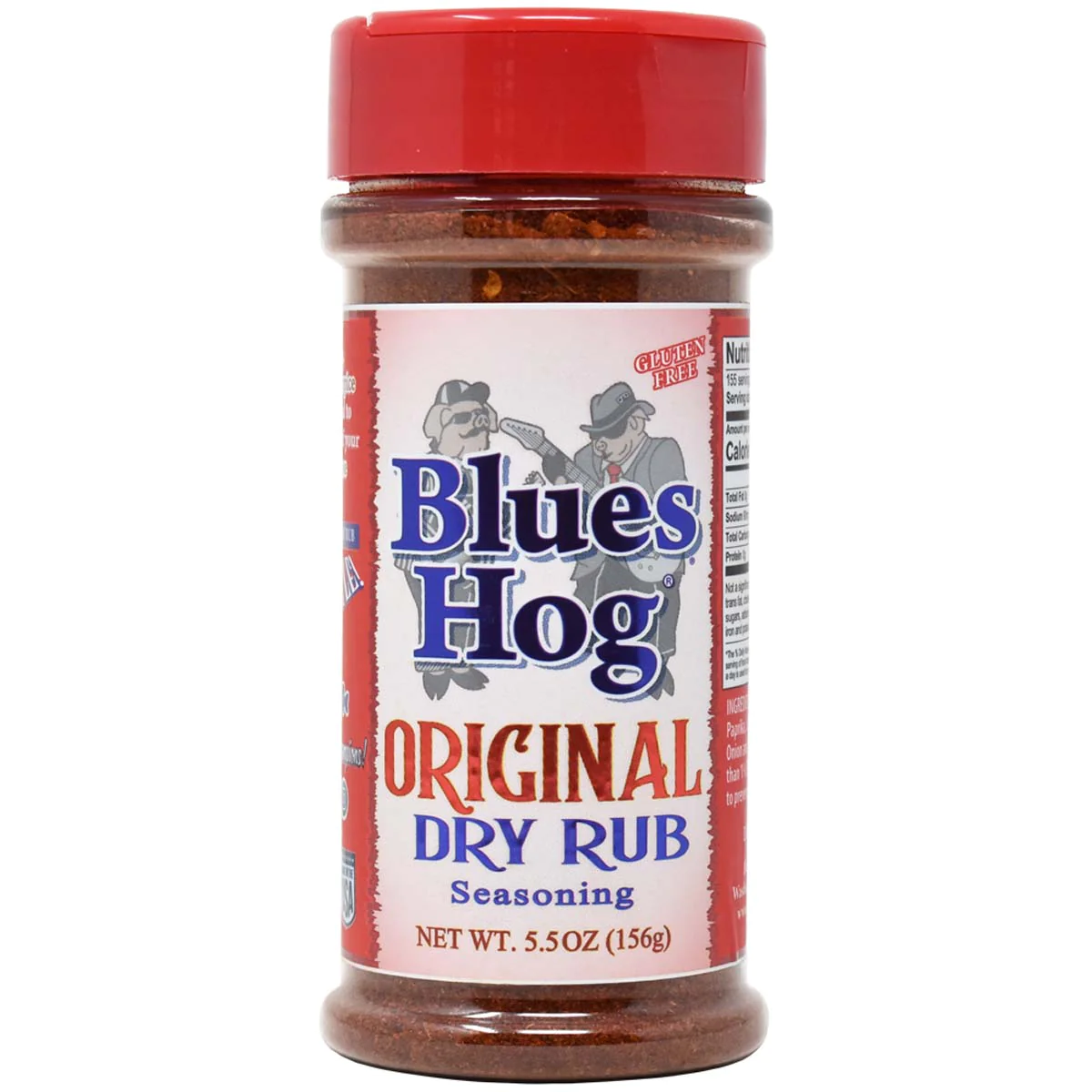 The front of a jar of Blues Hog Original Dry Rub Seasoning with a red lid. The label features the Blues Hog logo with two cartoon pigs dressed as musicians. The label reads 'Blues Hog Original Dry Rub Seasoning' and indicates the net weight of 5.5 ounces (156 grams). The label also mentions that the seasoning is gluten-free.