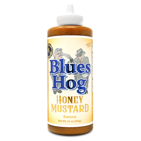 Blues Hog Honey Mustard Sauce: A golden squeeze bottle filled with delectable sauce, featuring the Blues Hog logo. Perfect for drizzling over your favorite dishes.