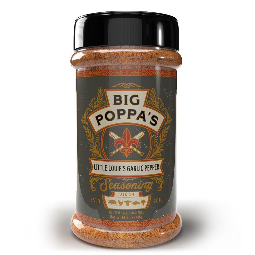 The front of a jar of Big Poppa's Little Louie's Garlic Pepper Seasoning. The jar has a black lid and a decorative label with the product name and an image of a red fleur-de-lis. The label notes the seasoning is gluten-free and MSG-free, and it weighs 14.5 ounces (411 grams).