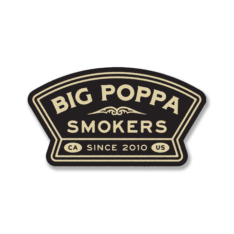 Black arched sticker with the 'Big Poppa Smokers' logo in gold and white, featuring 'CA Since 2010 US' beneath, all set within a double-lined border.