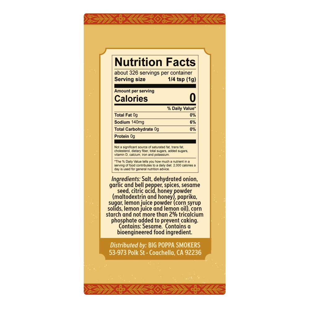 Nutrition facts label on a seasoning container, showing a serving size of 1/4 teaspoon with 0 calories. Ingredients include salt, dehydrated onion, garlic, and various spices, set against a yellow background with red and gold tribal designs.