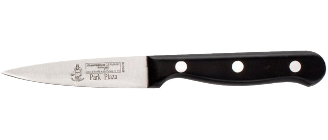 Close-up image of the Messermeister Park Plaza 3.5" Spear Point Parer. The knife features a sharp, high-carbon stainless steel blade with a spear point, perfect for precision tasks like peeling and slicing. It has a durable, ergonomic handle for comfortable use.