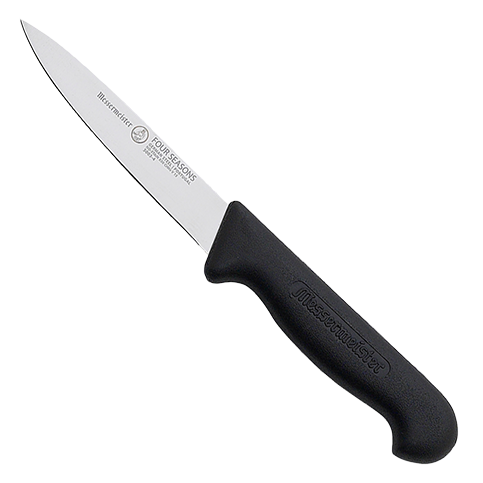 Close-up image of the Messermeister Pro Series 4" Spear Point Paring Knife. The knife features a high-carbon stainless steel blade with a sharp spear point, ideal for precision tasks. It has a durable, ergonomic handle for comfortable use. 